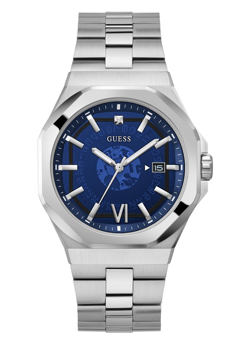 Silberner Edelstahlarmbanduhr mit blauem Zifferblatt, achteckigem Gehäuse, silbernen Stundenmarkierungen und Datumsanzeige. Verfügt über ein metallisches Armband.