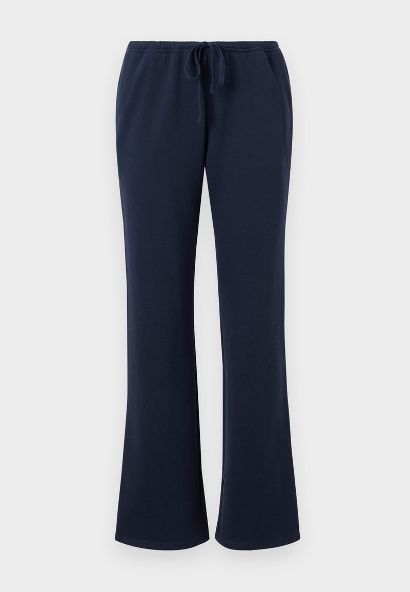 Navyblaue, ausgestellte Sweatpants mit einem Kordelzugbund, aus weichem Stoff gefertigt, mit glatter Textur und lockerer Passform.