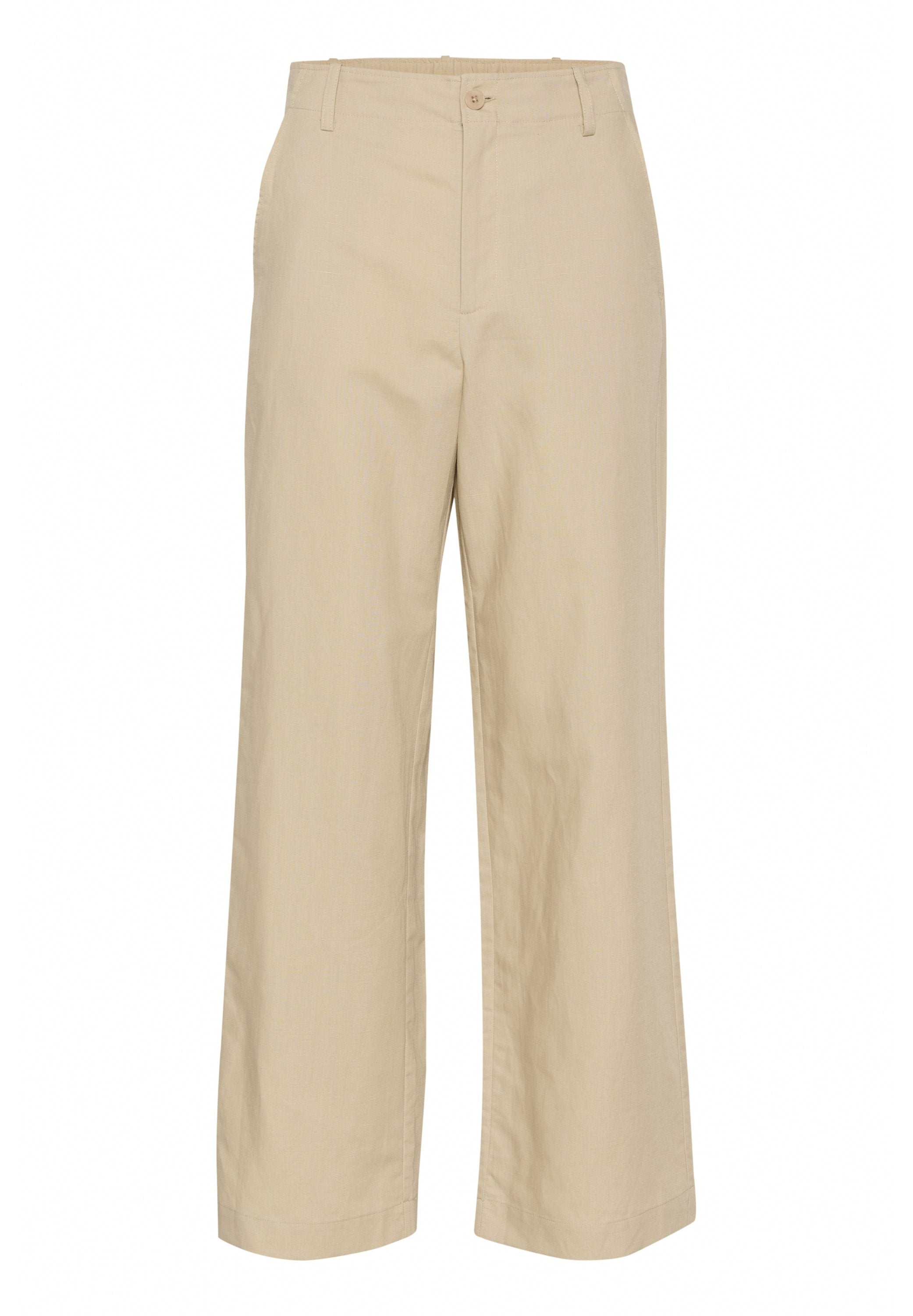 Beige weite Hose aus leichtem Stoff mit einem Standardbund, Fronttaschen und einem einzelnen Knopfverschluss.