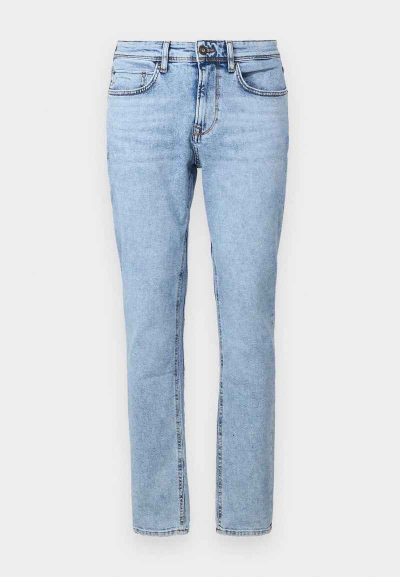 Helleblaue Jeans aus Denim mit geradem Schnitt, Fünf-Taschen-Design und gesteppten Akzenten. Verfügt über einen Knopf- und Reißverschluss.