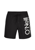 Schwarze Badeshorts mit elastischem Bund und Kordelzug, die auf der linken Seite mit großen weißen O'Neill-Logos und Text versehen sind.