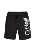 Schwarze Badeshorts mit elastischem Bund und Kordelzug, die auf der linken Seite mit großen weißen O'Neill-Logos und Text versehen sind.