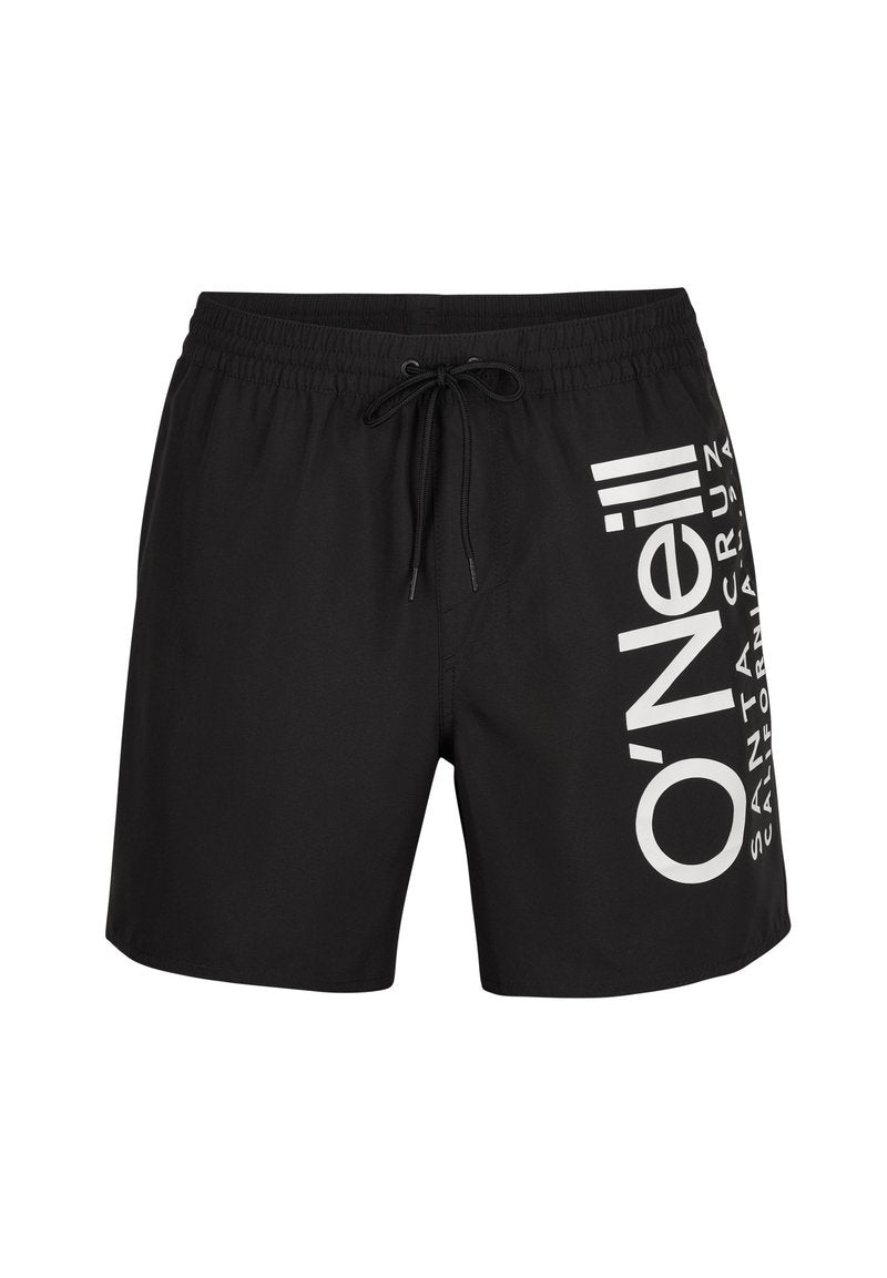Schwarze Badeshorts mit elastischem Bund und Kordelzug, die auf der linken Seite mit großen weißen O'Neill-Logos und Text versehen sind.