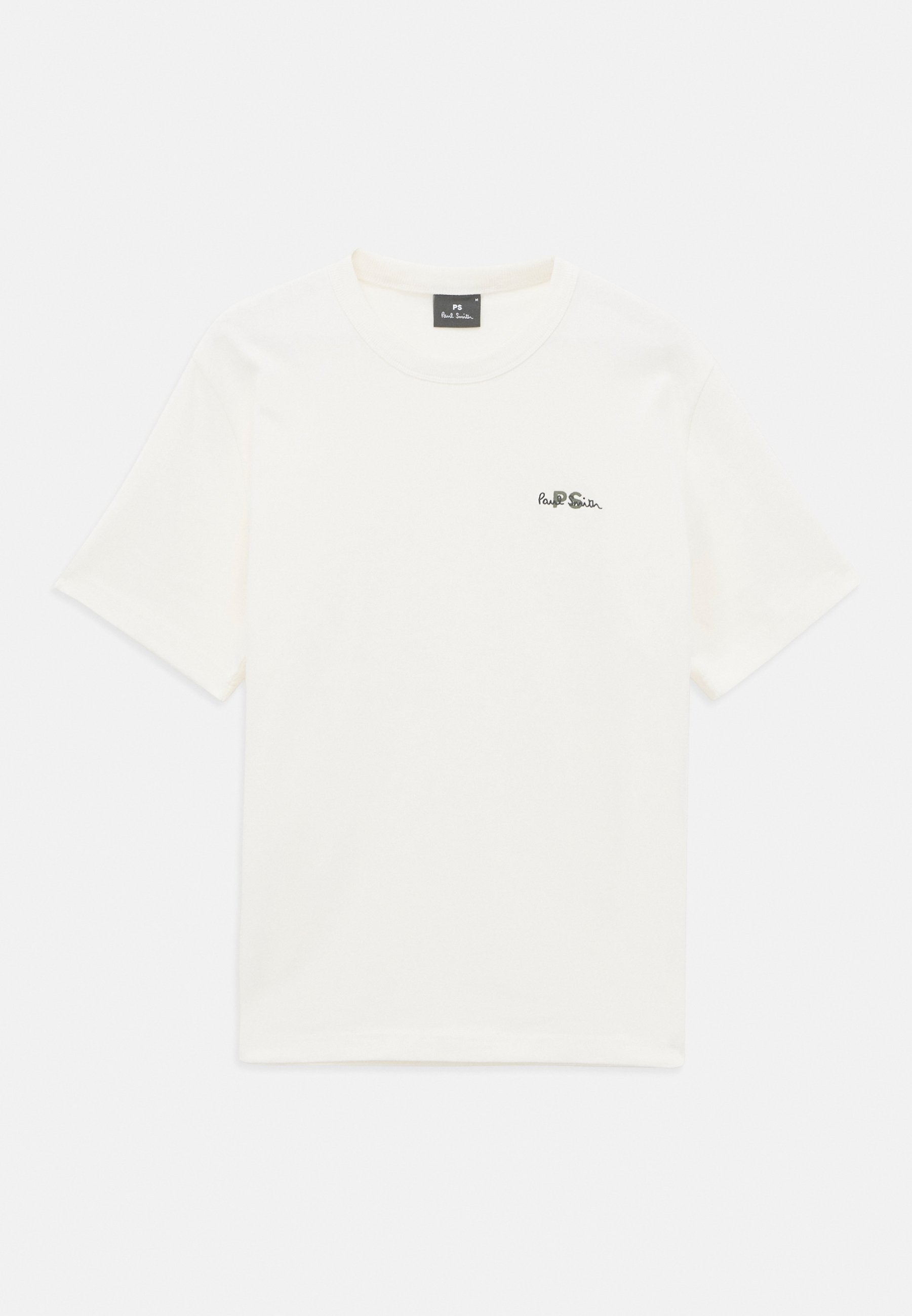Weißes T-Shirt mit kurzen Ärmeln, Rundhalsausschnitt und kleinem, schwarzen, auf der linken Brust gestickten "PS Paul Smith"-Logo.