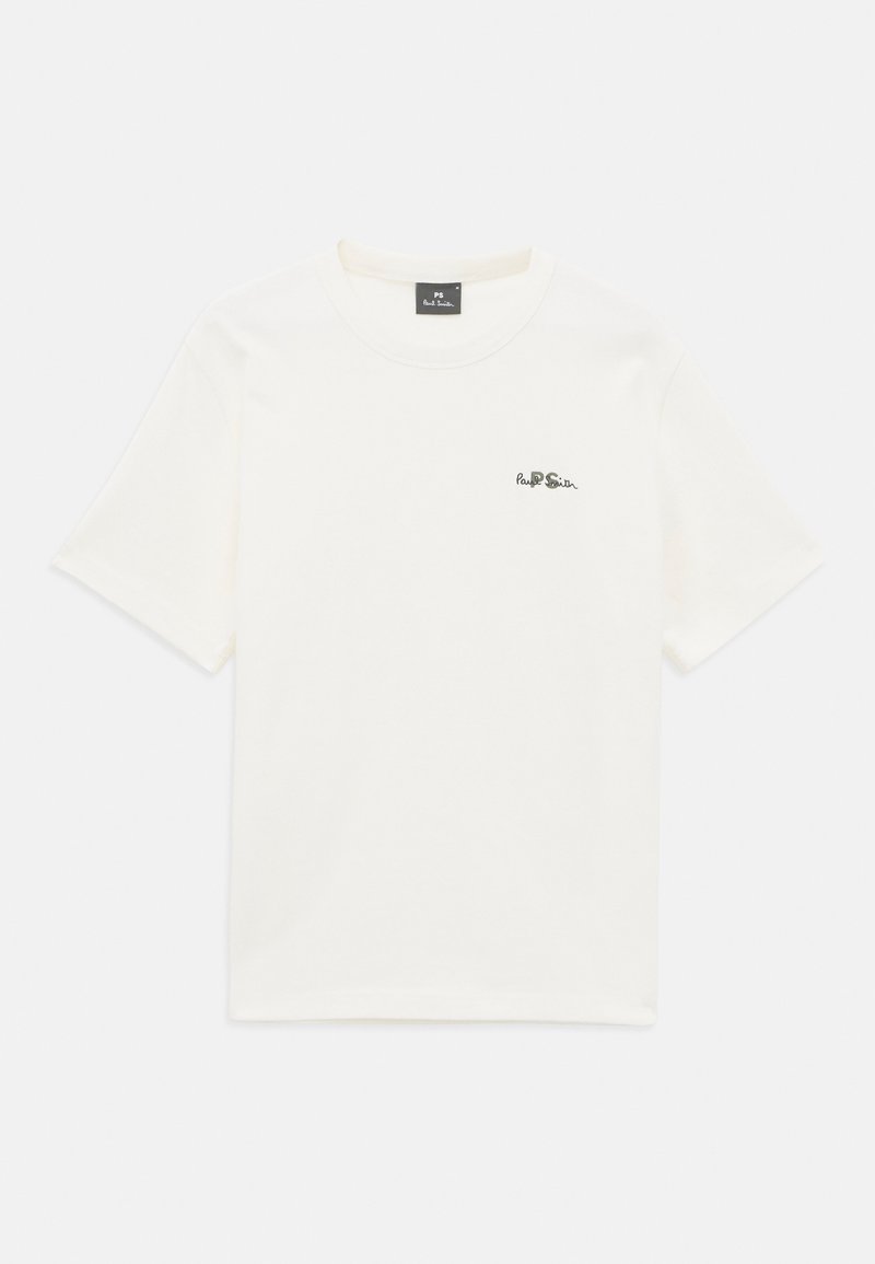 Weißes T-Shirt mit kurzen Ärmeln, Rundhalsausschnitt und kleinem, schwarzen, auf der linken Brust gestickten "PS Paul Smith"-Logo.