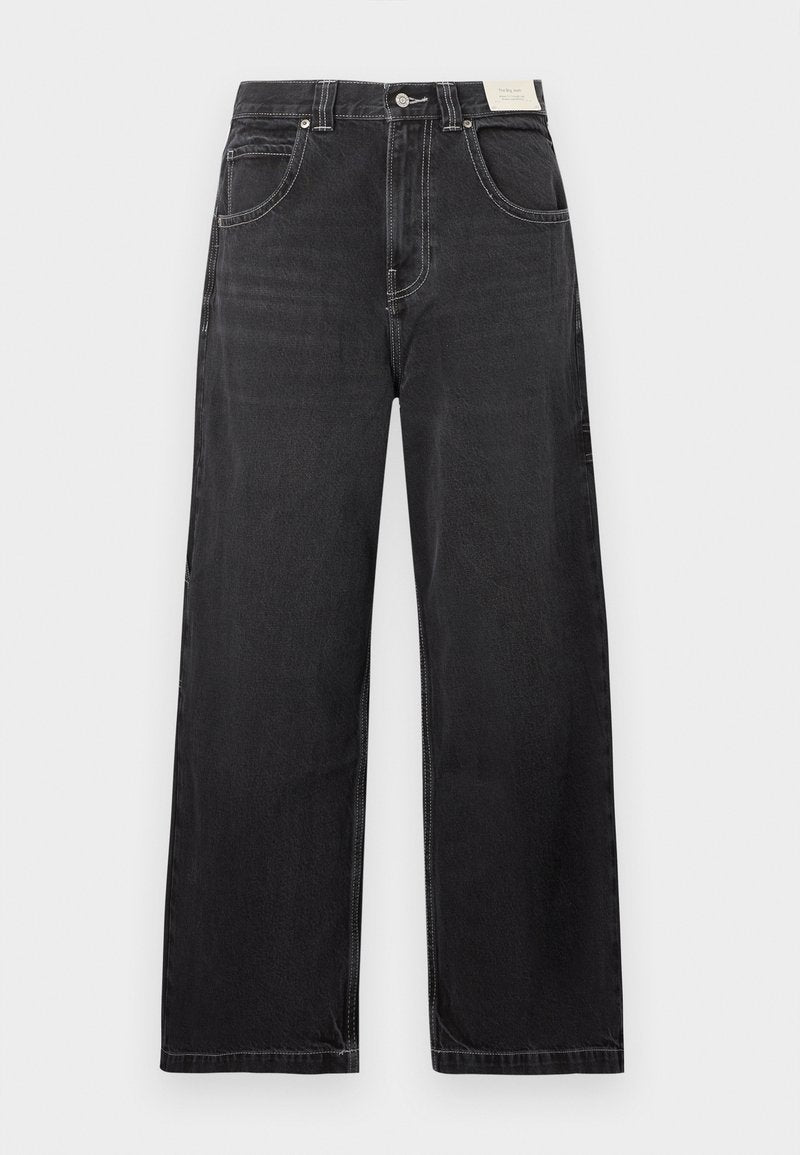 Schwarze Jeans mit weitem Bein aus Denim, mit fünf Taschen, kontrastierenden weißen Nähten und einem Knopfverschluss in der Taille.