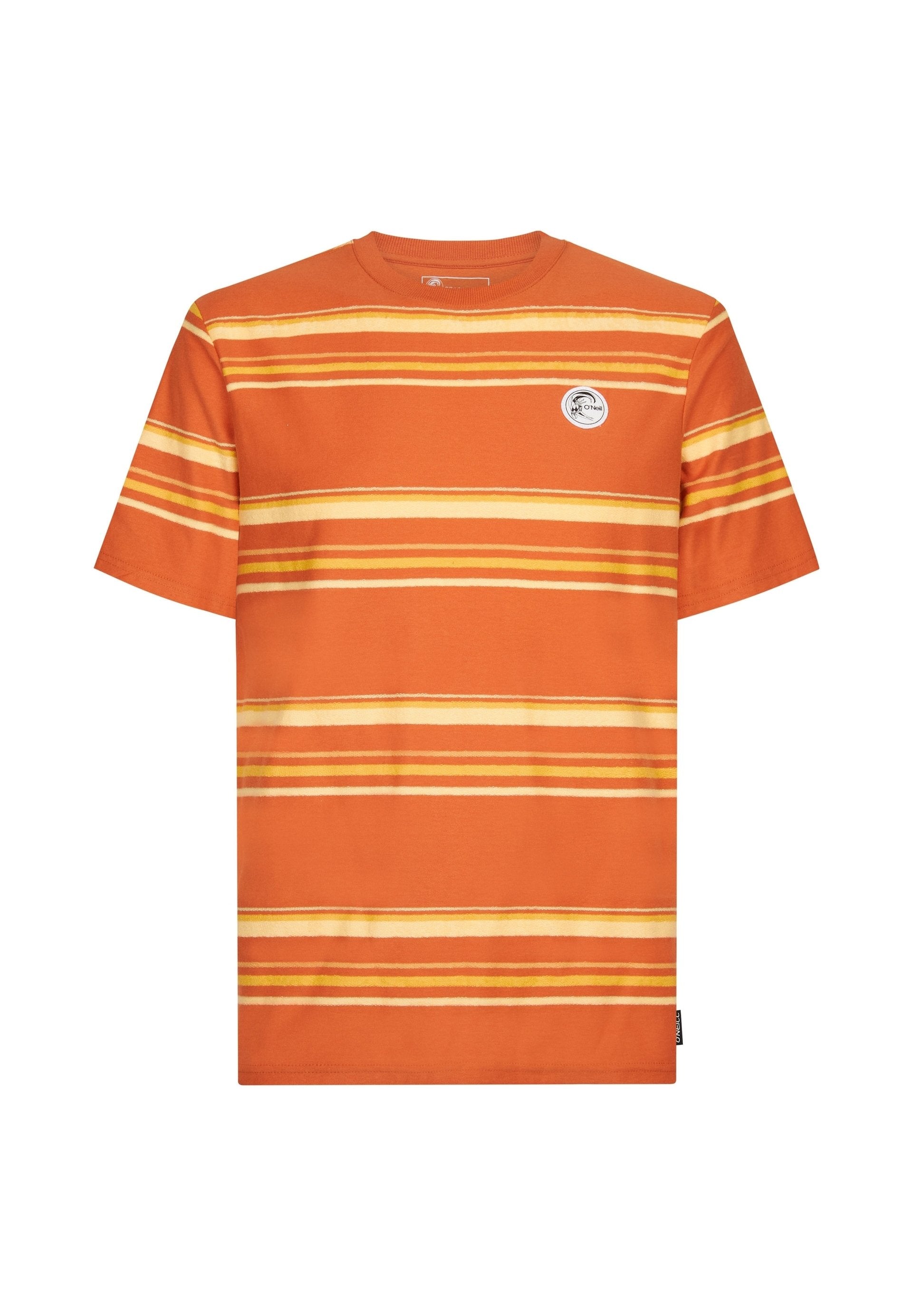 Oranges T-Shirt mit horizontalen gelben und weißen Streifen, rundem Ausschnitt und einem kleinen runden Logo auf der linken Brust.