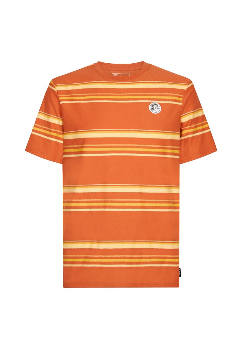Oranges T-Shirt mit horizontalen gelben und weißen Streifen, rundem Ausschnitt und einem kleinen runden Logo auf der linken Brust.