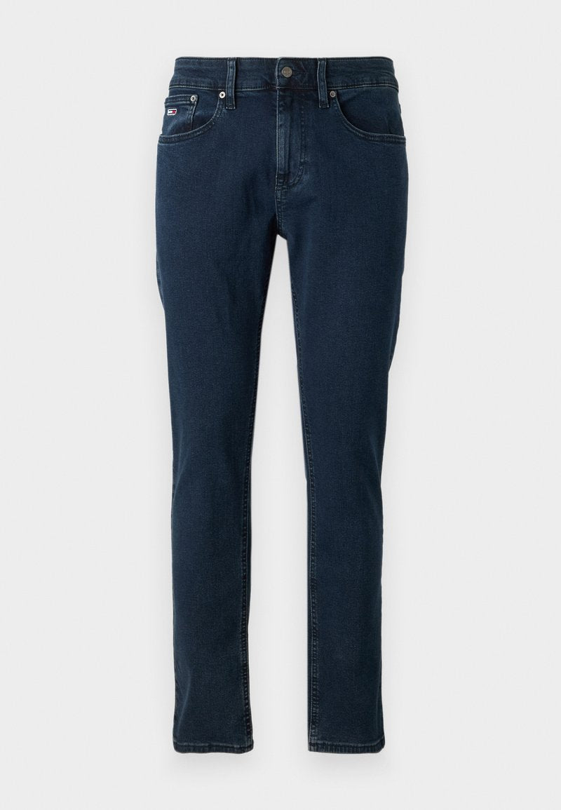 Dunkelblaue Jeans aus Denim mit geradem Schnitt, klassischem Taillenbund, fünf Taschen und leichten Steppnähten an den Taschen.
