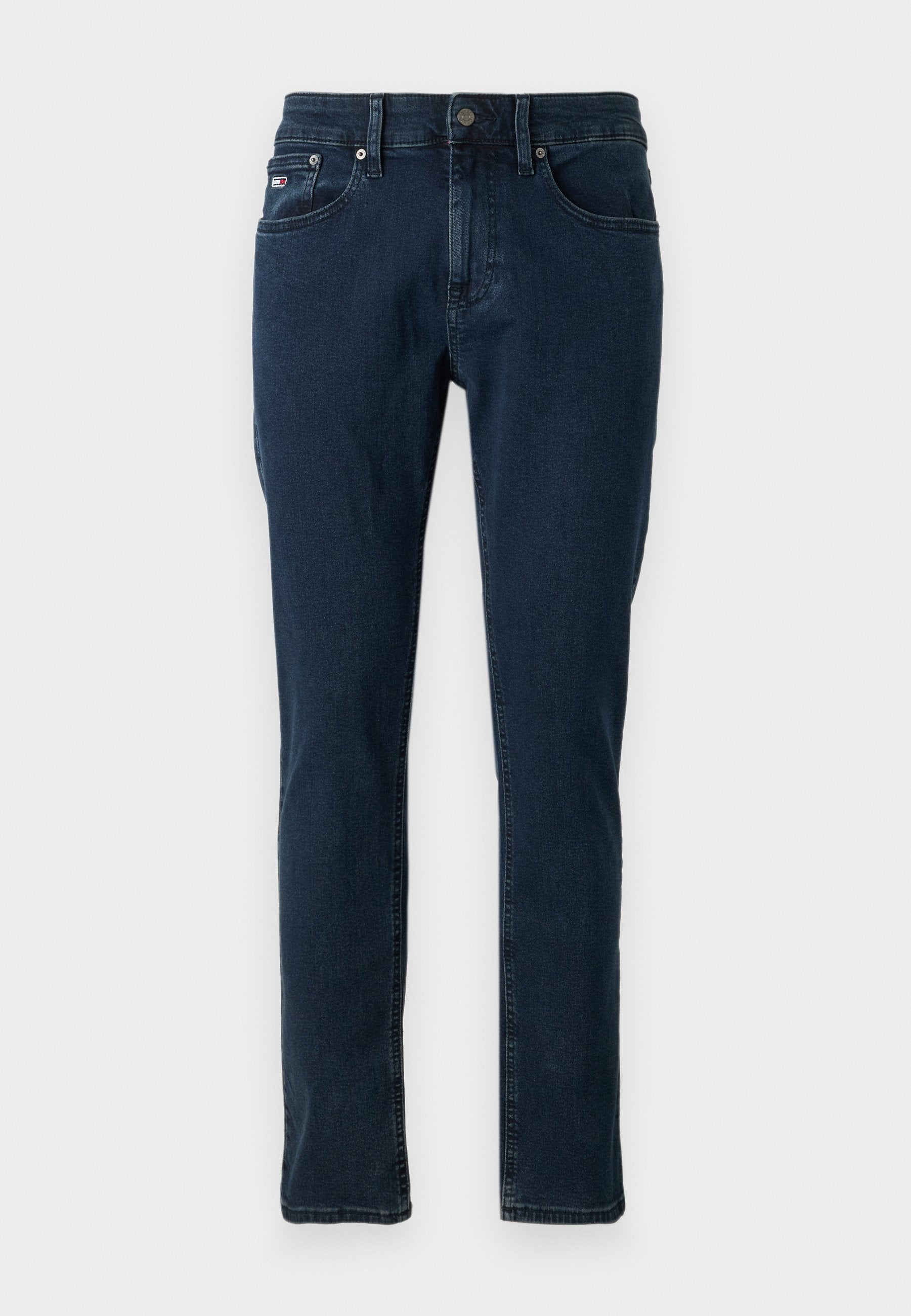 Dunkelblaue Jeans aus Denim mit geradem Schnitt, klassischem Taillenbund, fünf Taschen und leichten Steppnähten an den Taschen.