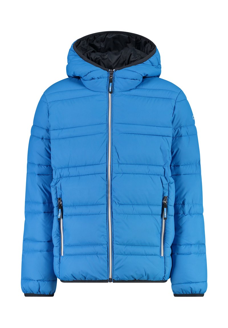 Blaues Pufferjackett mit Reißverschluss vorne, Kapuze und Seitentaschen. Mit gesteppten Nähten und einem schwarzen Innenfutter.