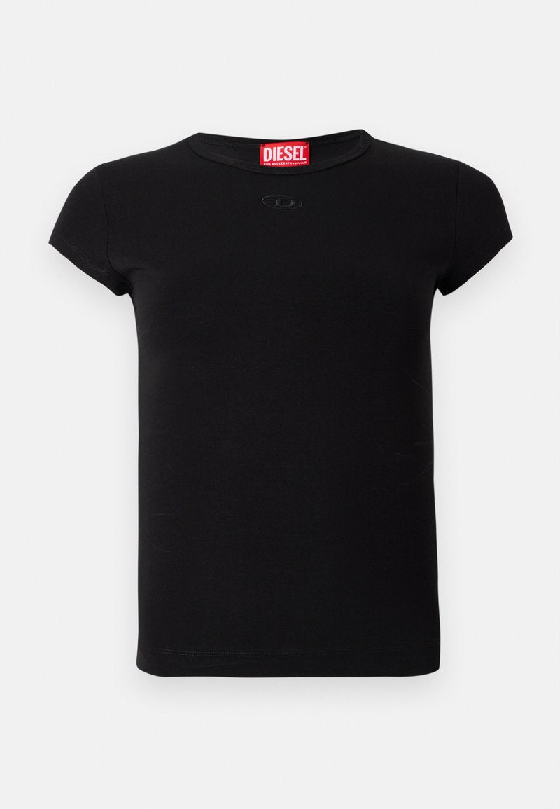 Schwarzes, tailliertes Kurzarm-T-Shirt mit Rundhalsausschnitt und rotem Diesel-Logo-Tag im Kragen.