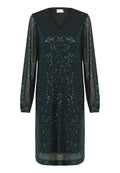 Schimmerndes Kleid aus tealfarbenen Pailletten mit langen Ärmeln, V-Ausschnitt und figurbetonter Silhouette. Texturierter Stoff und dezente horizontale Musterdetails.