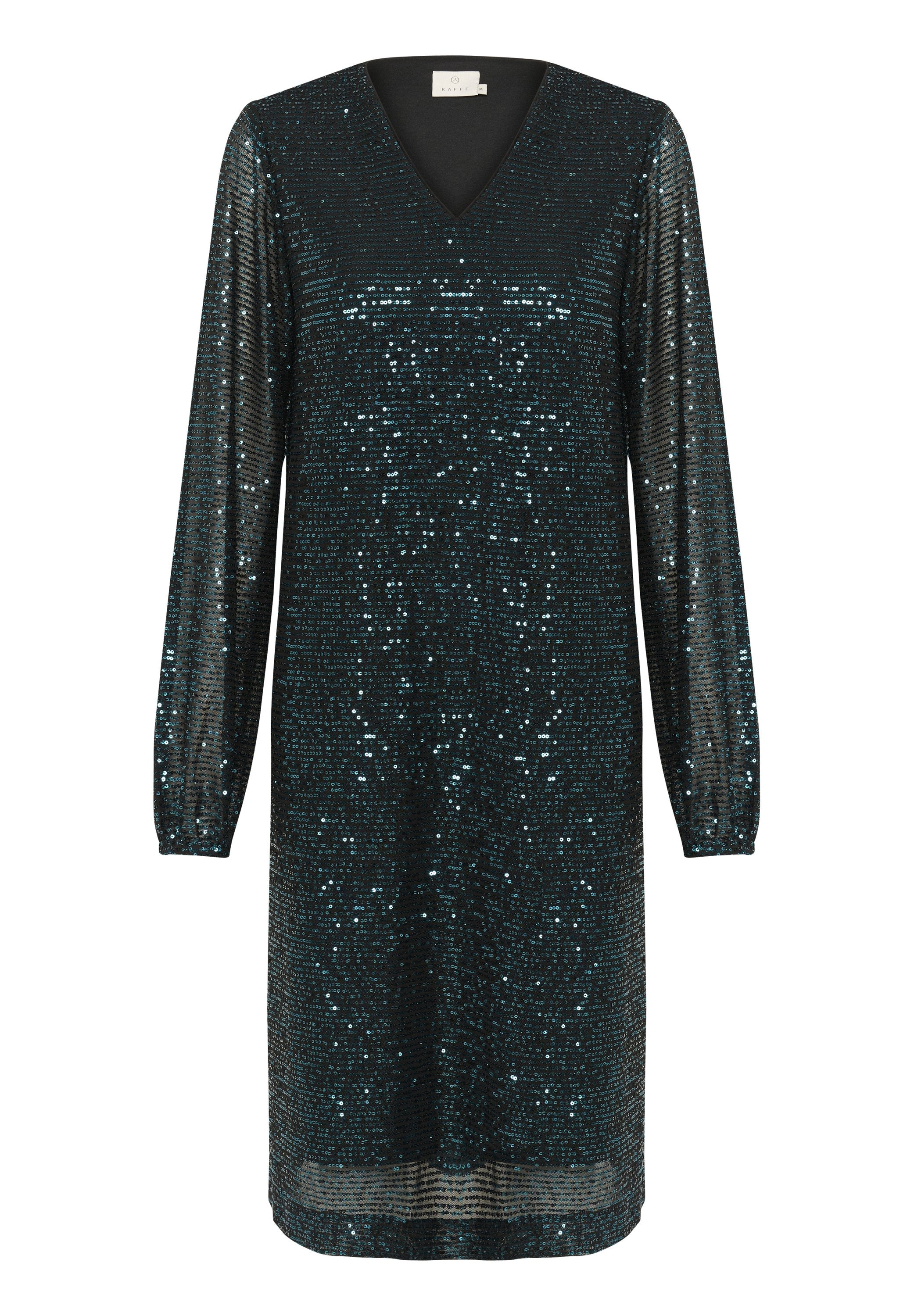 Schimmerndes Kleid aus tealfarbenen Pailletten mit langen Ärmeln, V-Ausschnitt und figurbetonter Silhouette. Texturierter Stoff und dezente horizontale Musterdetails.