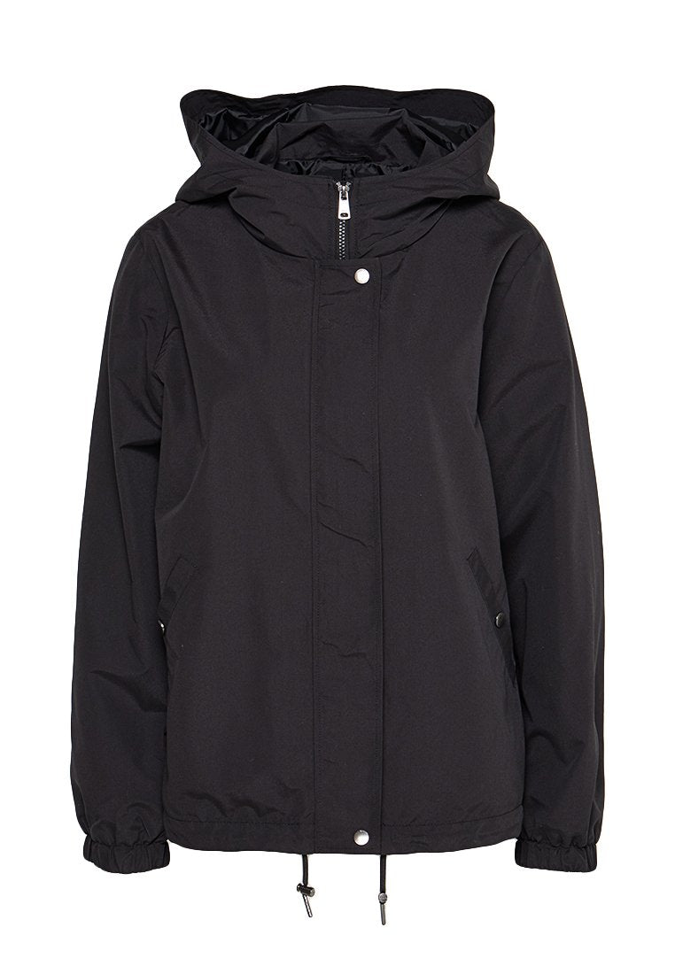 Schwarze Kapuzenjacke mit Frontreißverschluss und Druckknopfverschluss, elastischen Bündchen, seitlichen Taschen und verstellbarem Kordelzugsaum.