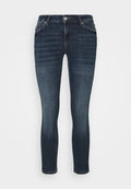 Dunkelblaue Denim-Jeans mit schlankem Schnitt, ausgestattet mit einem klassischen Reißverschluss, fünf Taschen und dezenten Ausbleichungen auf der Vorderseite.