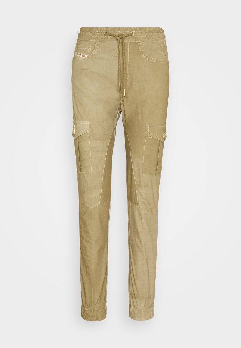 Beige Cargo-Hosen aus leichtem Material, mit einem elastischen Bund und Kordelzug, Seitentaschen und umgeschlagenen Säumen.