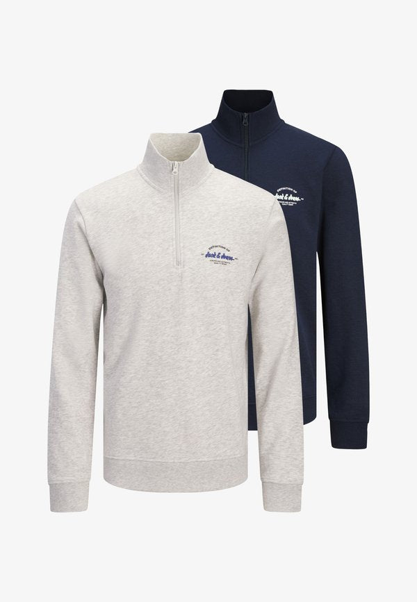 Jack & Jones JJBRANDON HALF ZIP 2 PACK - Sweatshirt - white melange/navy blazer