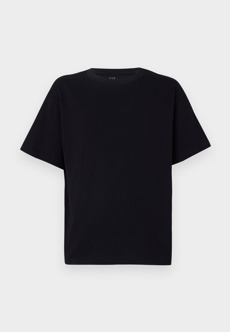 Schwarzes kurzärmliges T-Shirt mit Rundhalsausschnitt. Hergestellt aus weichem Stoff, mit lässiger Passform und ohne sichtbare Muster oder Akzente.