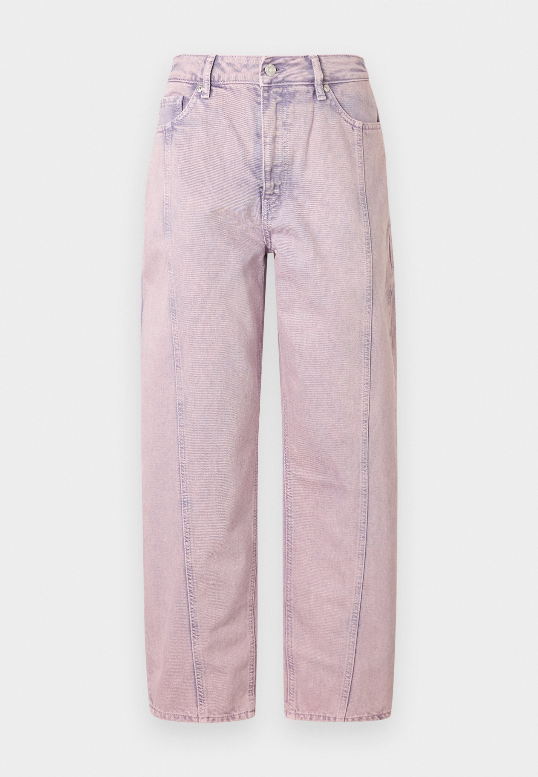 Hochgeschnittene, gerade geschnittene Jeans aus lavendelfarbenem Denim mit vorderen und hinteren Taschen, Gürtelschlaufen und Knopfverschluss.