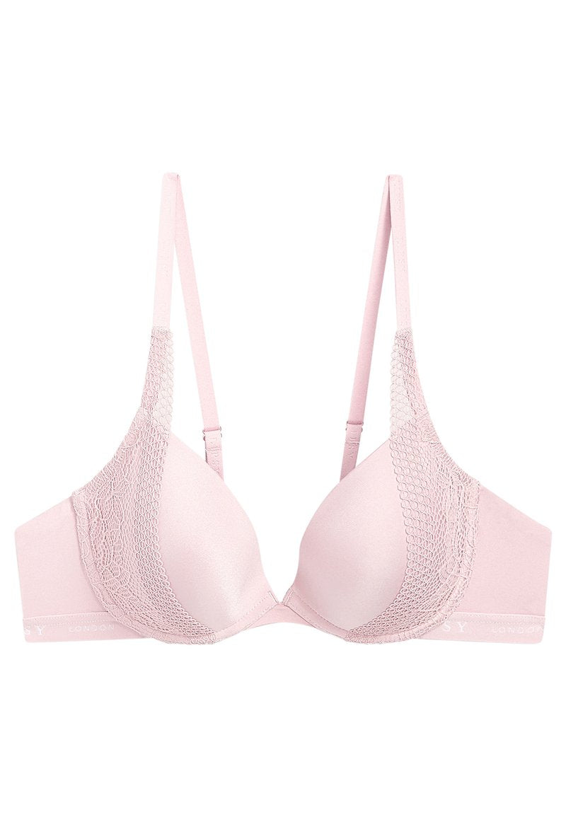 Rosa BH mit glatten Cups und Spitzendetails an den Seiten, verstellbaren Trägern und einem weichen Band mit Branding am unteren Ende.