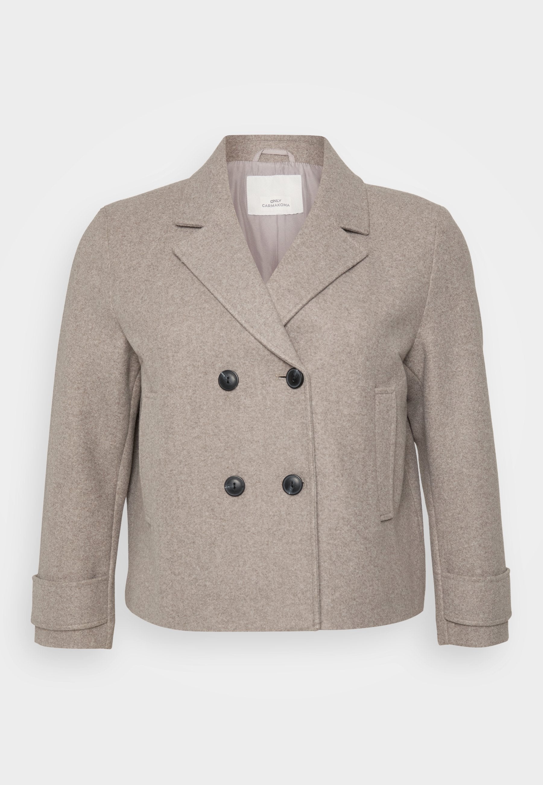 Doppelt geschnittene Jacke aus einem hellbeigen Wollmix. Mit schwarzen Knöpfen, einem Reverskragen und einer einzelnen Tasche auf der rechten Seite.