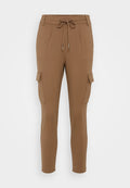 Braune Cargo-Hosen mit einer Kordelzugtaillierung, zwei seitlichen Taschen und elastischen Bündchen. Hergestellt aus weichem Stoff mit einer glatten Textur.