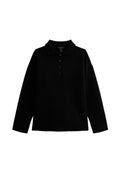 Schwarzes langärmliges Poloshirt mit Kragen, Fünfknopfleiste und lässiger Passform. Hergestellt aus weichem Material mit glatter Textur.