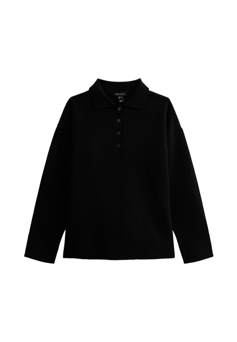 Schwarzes langärmliges Poloshirt mit Kragen, Fünfknopfleiste und lässiger Passform. Hergestellt aus weichem Material mit glatter Textur.