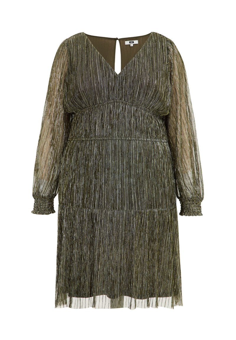Grünes, gefältetes Kleid mit langen, transparenten Ärmeln, V-Ausschnitt und elastischen Bündchen. Hat ein mittellanges Design mit ausgestelltem Rock.
