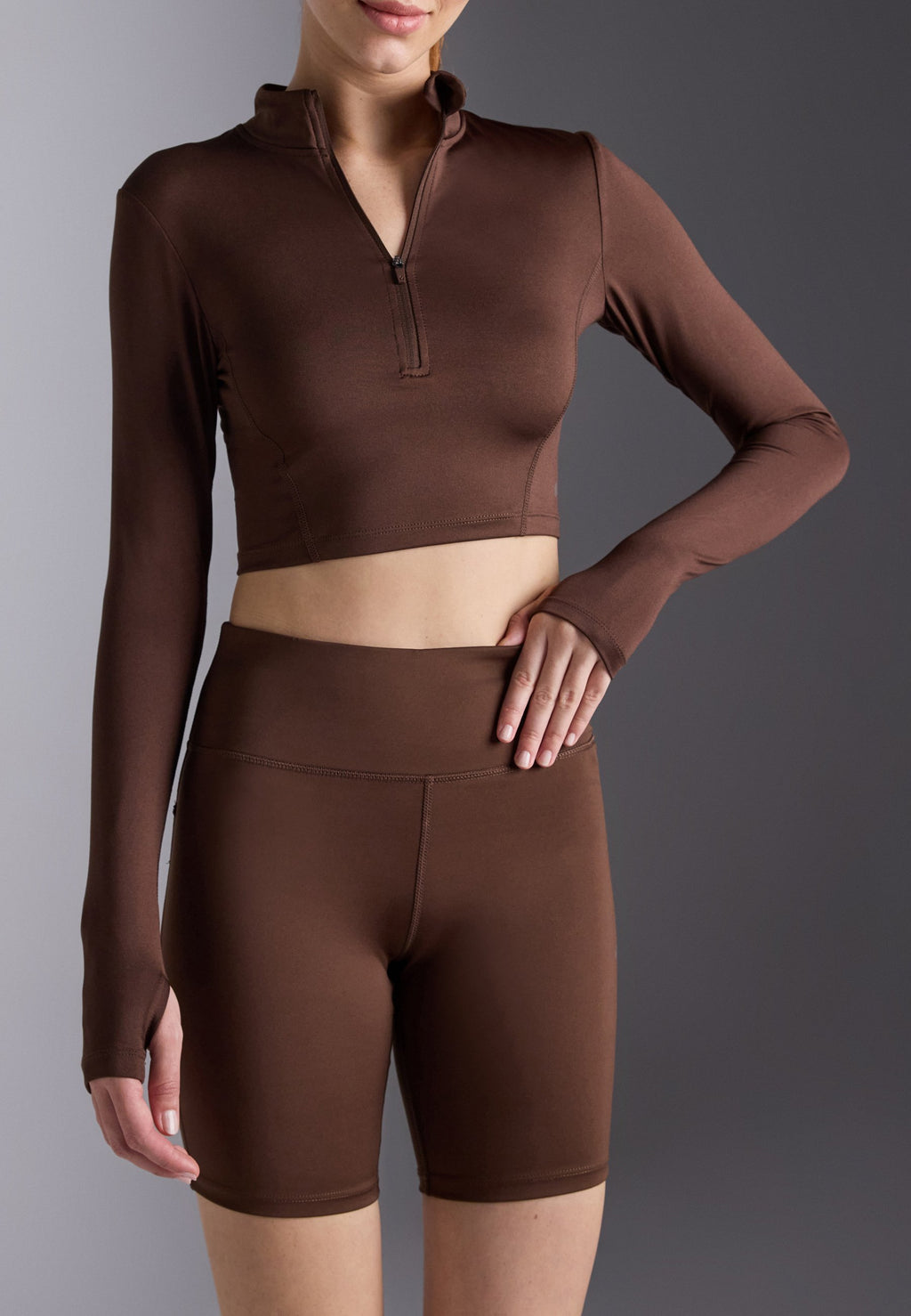 Even&Odd active CROPPED HIGH NECK LONG SLEEVE TOP WITH 1/2 ZIP &THUMB HOLES