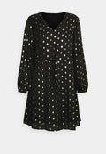 Schwarzes Kleid mit langen Puffärmeln und V-Ausschnitt. Enthält verstreute silberne Punktmuster und einen Taillengürtel für eine verstellbare Passform.