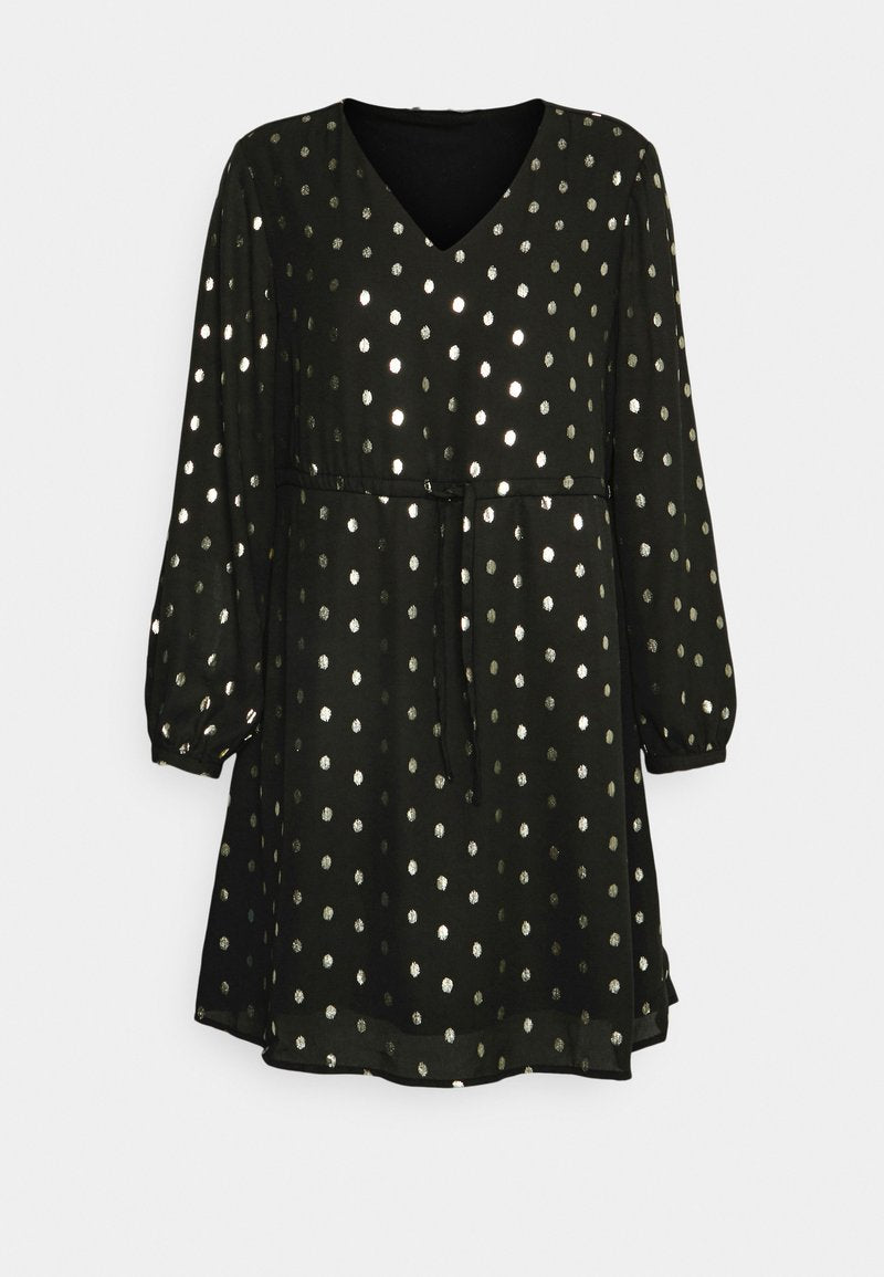 Schwarzes Kleid mit langen Puffärmeln und V-Ausschnitt. Enthält verstreute silberne Punktmuster und einen Taillengürtel für eine verstellbare Passform.