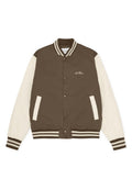 Braune und cremefarbene Collegejacke mit gestreiftem, geripptem Kragen und Bündchen, Druckknopfverschluss, seitlichen Taschen und besticktem Logodetail.