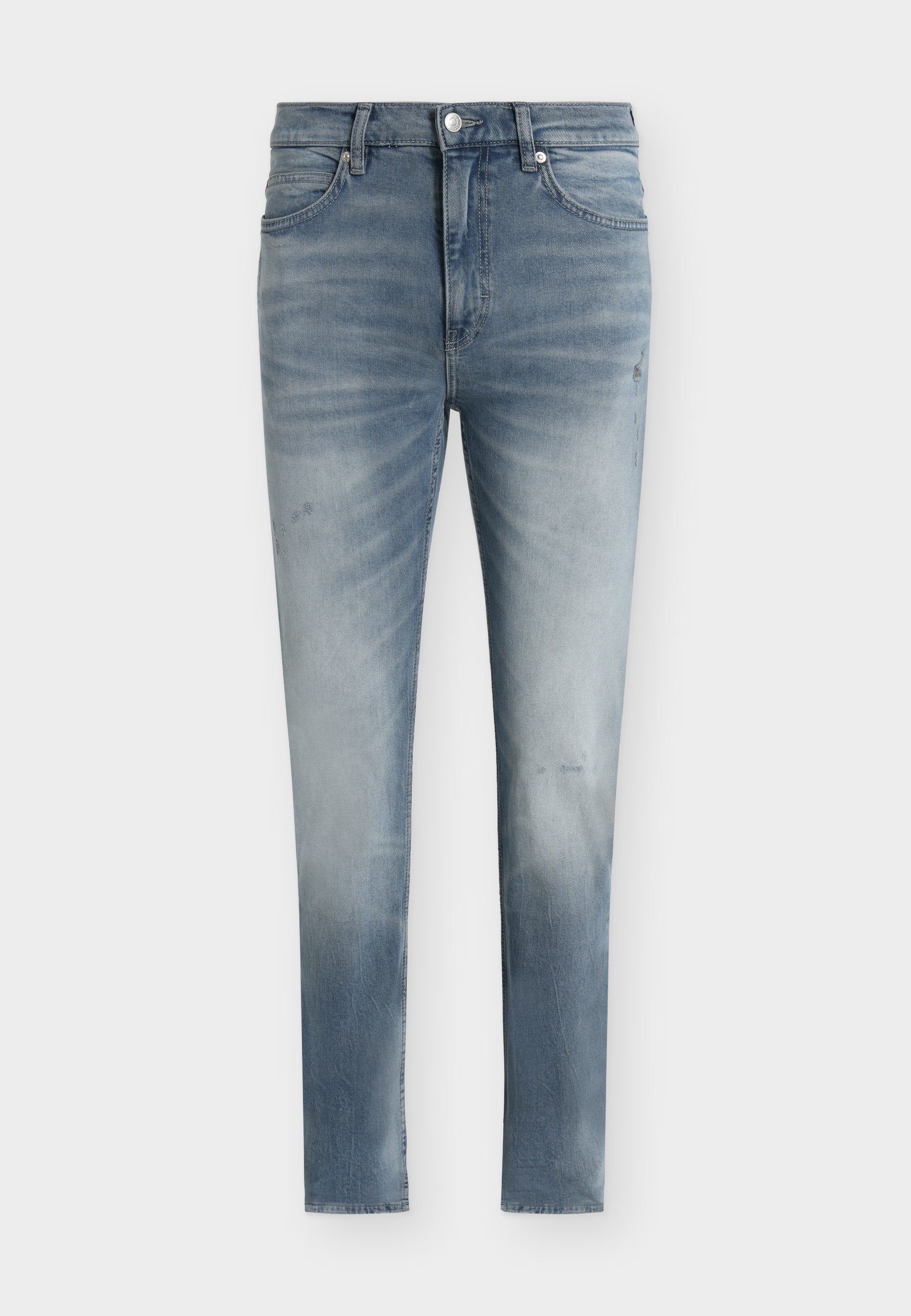 Hellblaue Slim-Fit-Jeans mit vorderer Knopf- und Reißverschluss, fünf Taschen und dezenten verwaschenen Details.