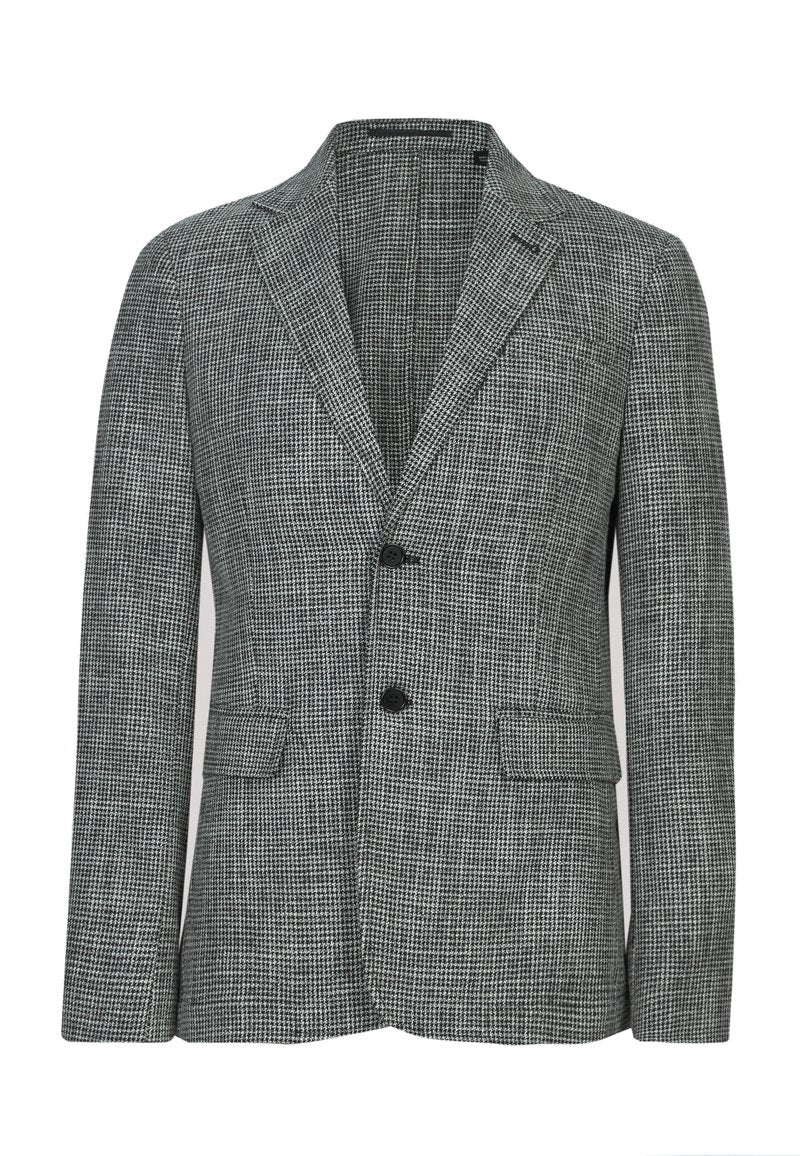 Grau karierter Blazer aus strukturiertem Stoff, mit Reverskragen, zwei Fronttaschen und zwei Knöpfen. Klassisch taillierter Schnitt.
