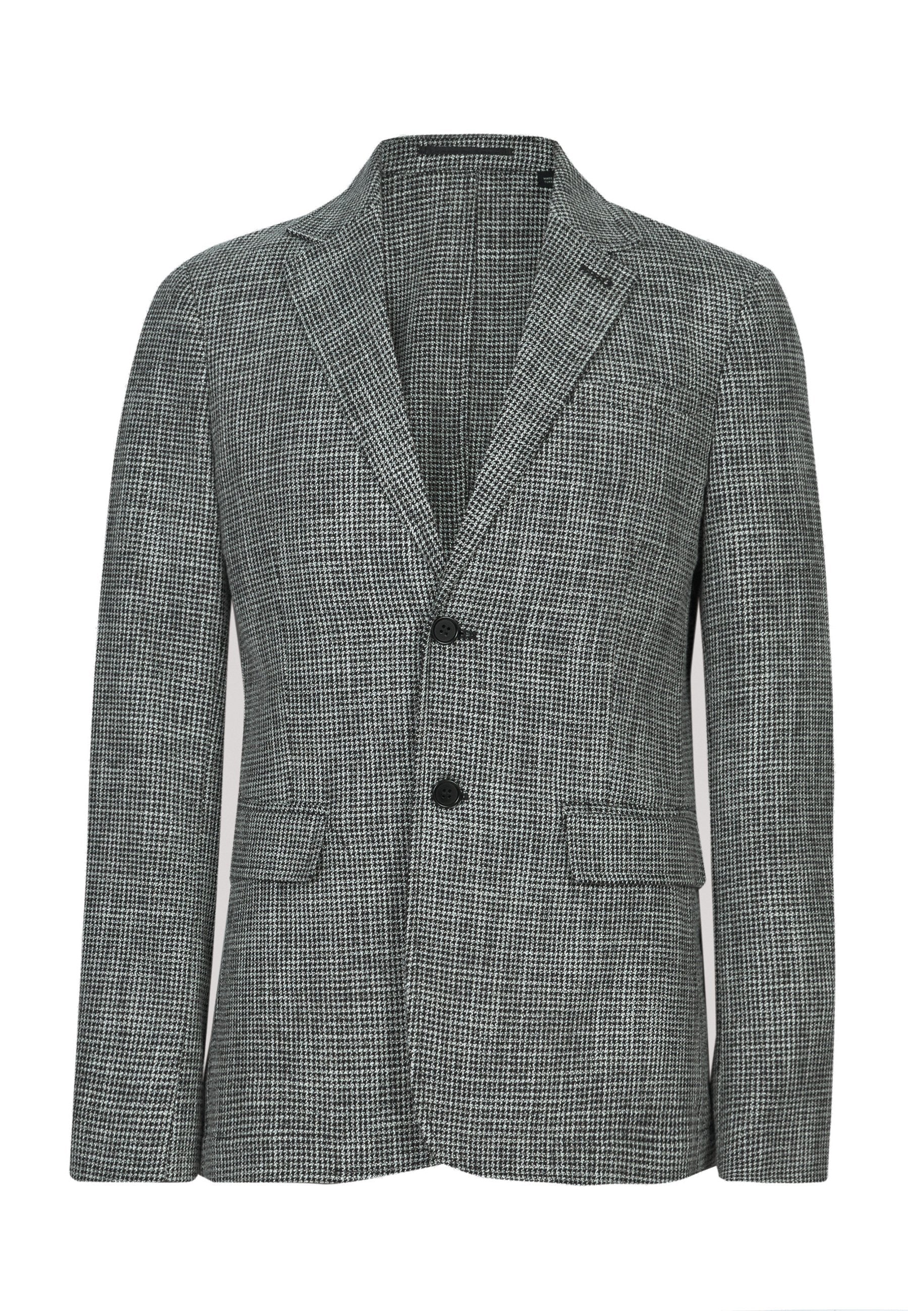 Grau karierter Blazer aus strukturiertem Stoff, mit Reverskragen, zwei Fronttaschen und zwei Knöpfen. Klassisch taillierter Schnitt.