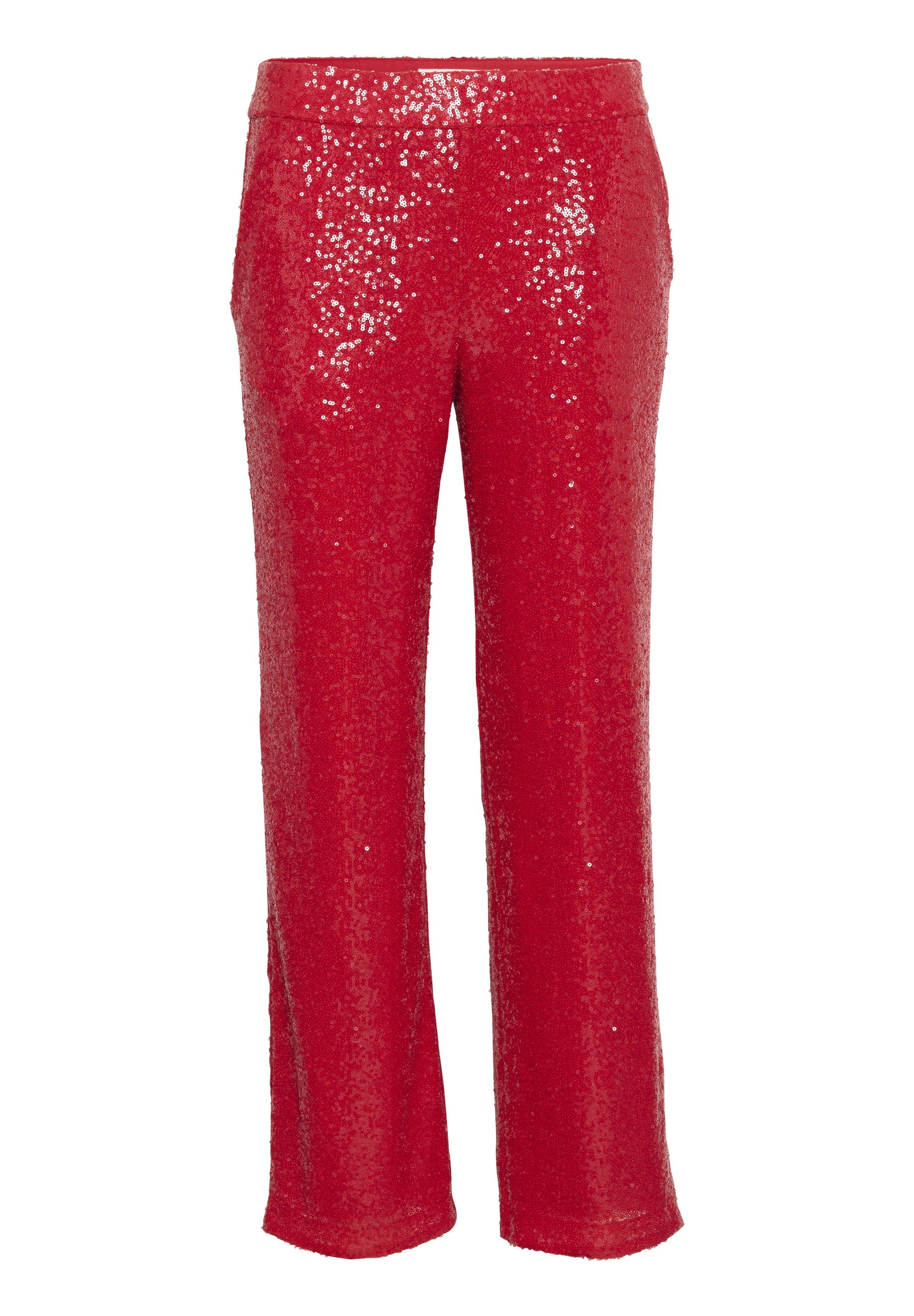Rote Pailletten-Hosen mit geradem Bein, ausgestattet mit einem glatten Bund und einer glänzenden Textur, die das Licht reflektiert.