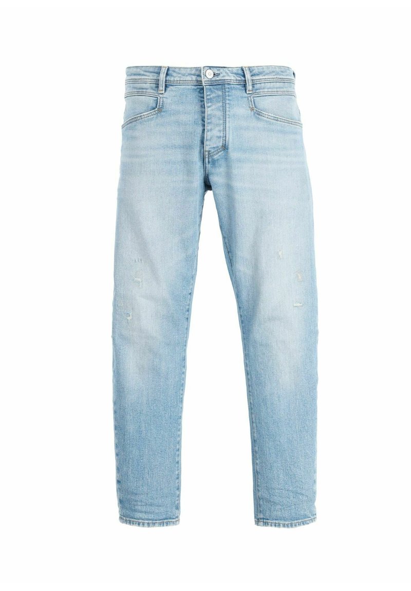 Hellblaue Denim-Jeans mit geradem Schnitt, die dezente Risse, Vordertaschen und einen klassischen Knopfverschluss aufweisen.