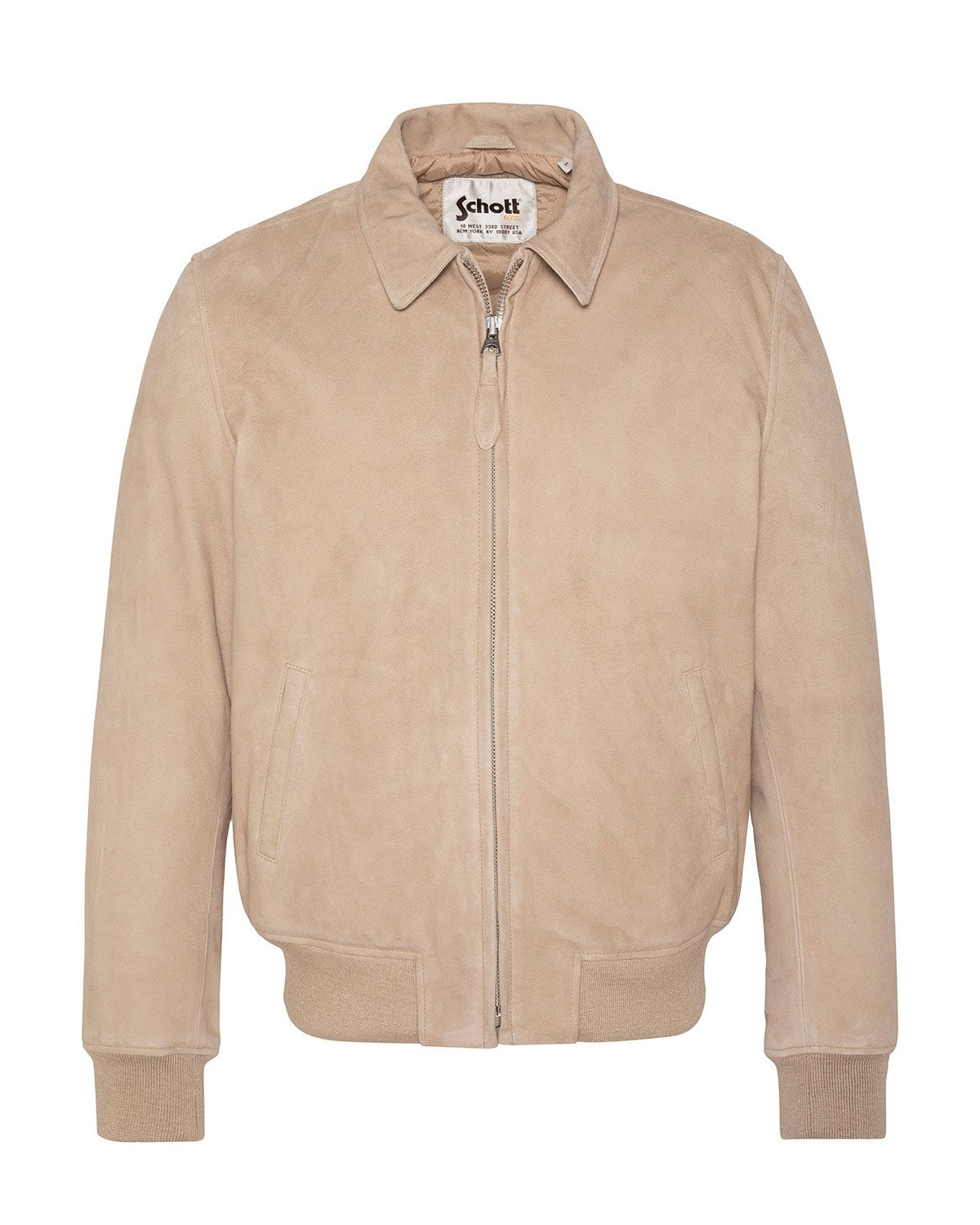 Beige Wildleder-Bomberjacke mit Frontreißverschluss, gerippten Bündchen und Saum, zwei Seitentaschen und einem spitzen Kragen.