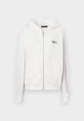 Weißer Zip-Hoodie mit gerippter Textur, Kordelzugkapuze und seitlichen Taschen. Enthält ein kleines schwarzes "P"-Logo auf der linken Brust.
