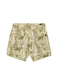 Beige Shorts mit grünem tropischem Blattmuster, mit Fronttaschen, einem Knopfverschluss und einem geraden Bein Design.