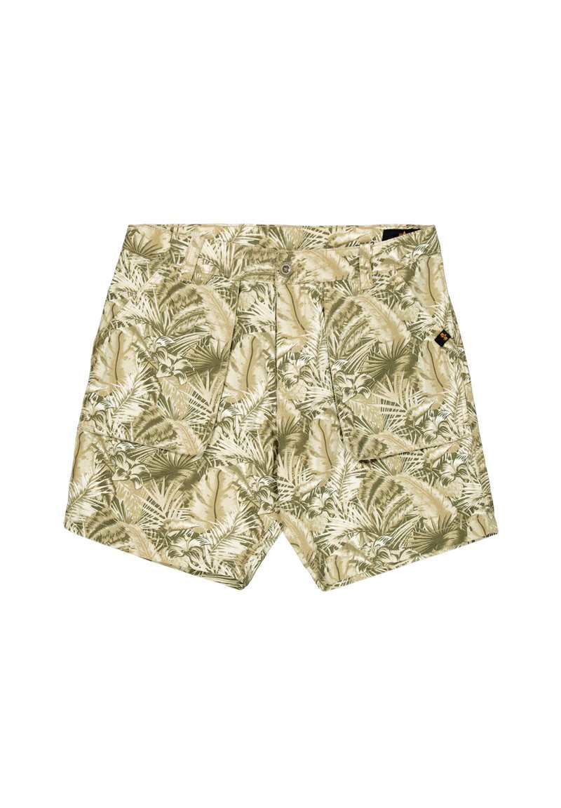 Beige Shorts mit grünem tropischem Blattmuster, mit Fronttaschen, einem Knopfverschluss und einem geraden Bein Design.