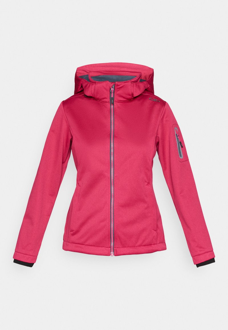 Rosa Damen-Softshelljacke mit Kapuze, durchgehendem Frontreißverschluss, zwei Seitentaschen und Reißverschlusstasche am linken Ärmel vor weißem Hintergrund.