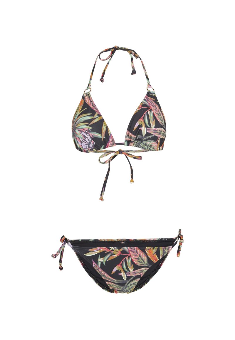 Bikini-Set mit schwarzem Grund und bunten Tropenblattmustern. Das Oberteil hat verstellbare Bänder; das Unterteil hat seitliche Bänder.