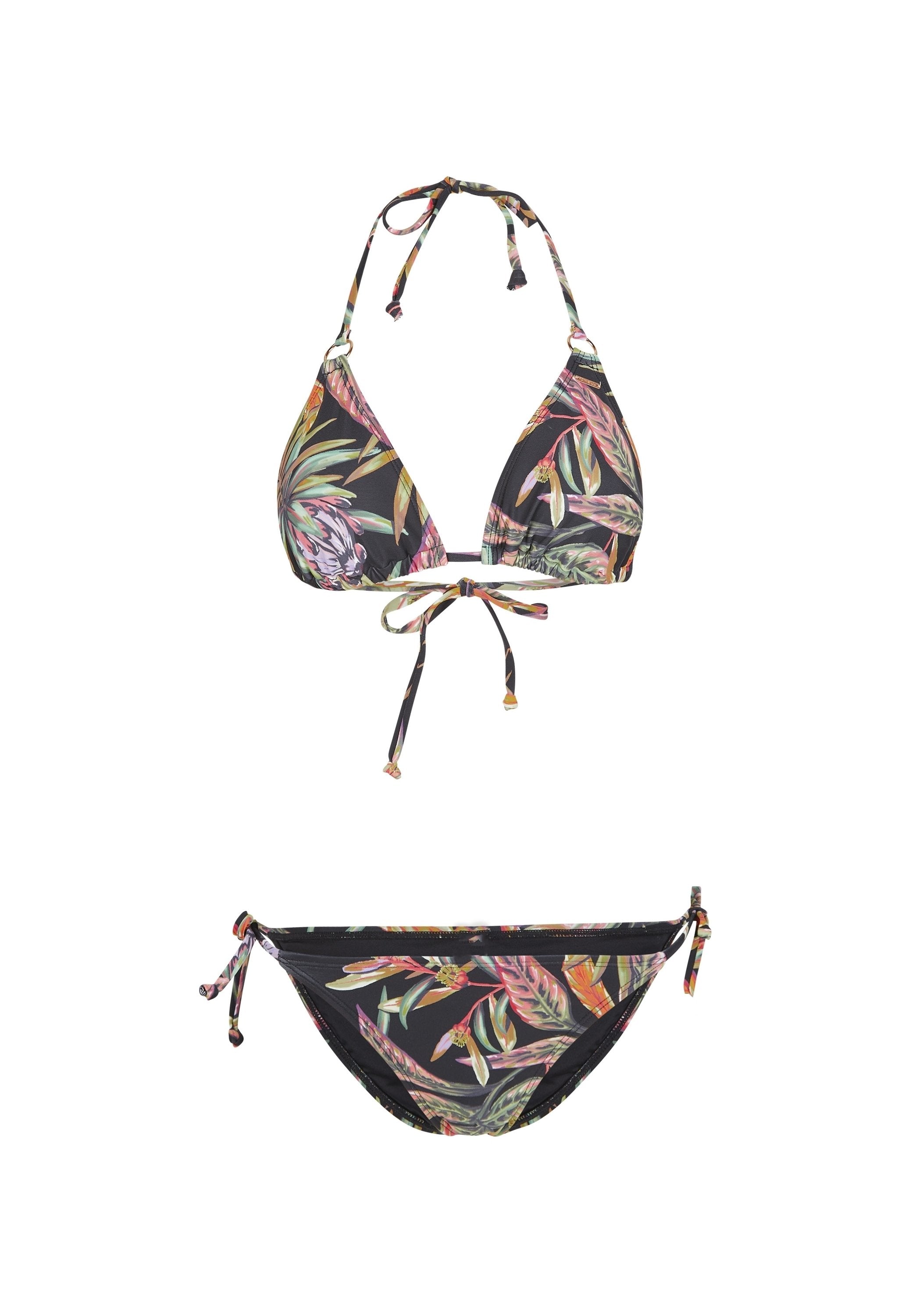 Bikini-Set mit schwarzem Grund und bunten Tropenblattmustern. Das Oberteil hat verstellbare Bänder; das Unterteil hat seitliche Bänder.