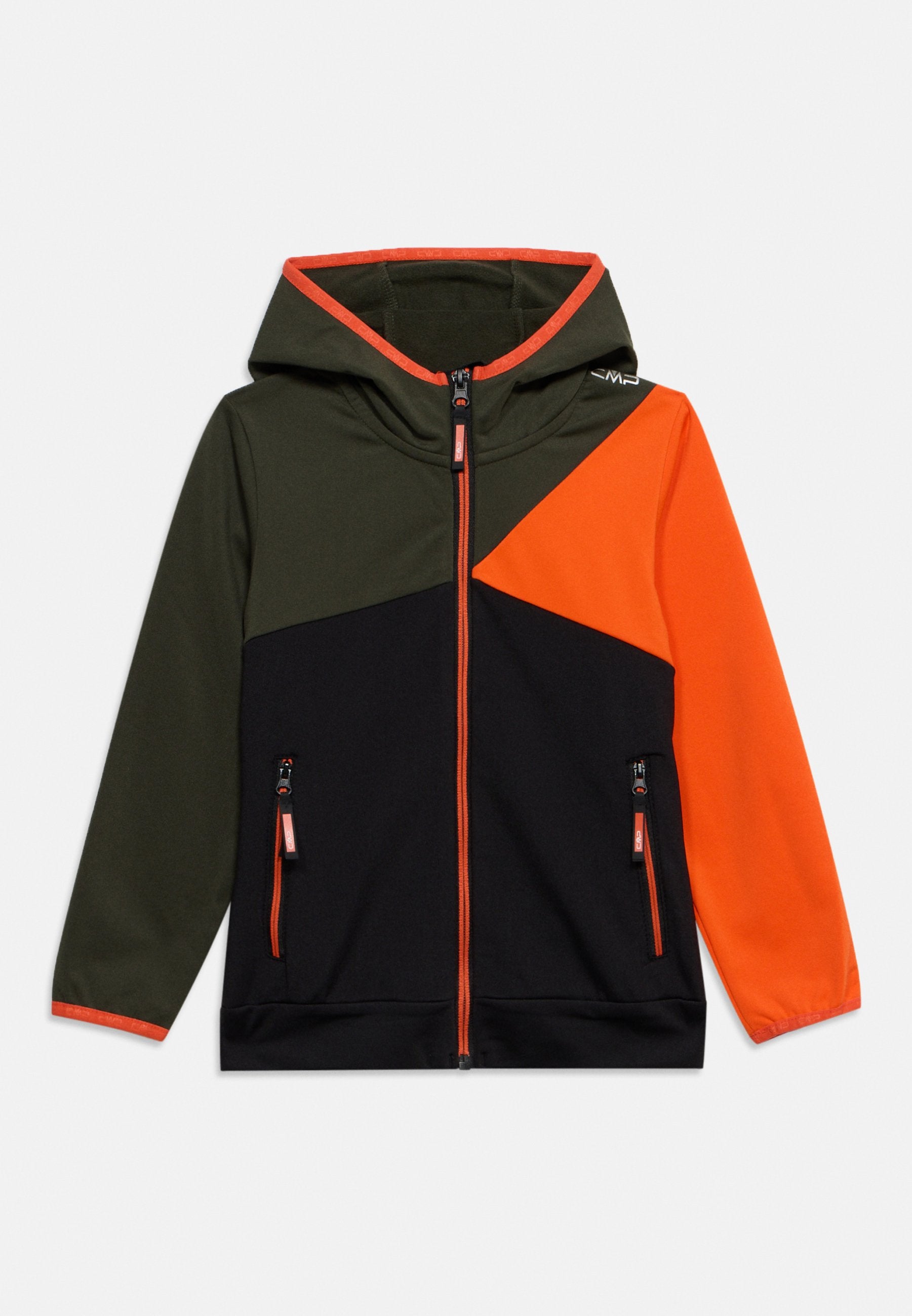 Kapuzensweatjacke mit Reißverschluss, in den Farben Olivgrün, Schwarz und leuchtendem Orange, mit Reißverschlusstaschen vorne.