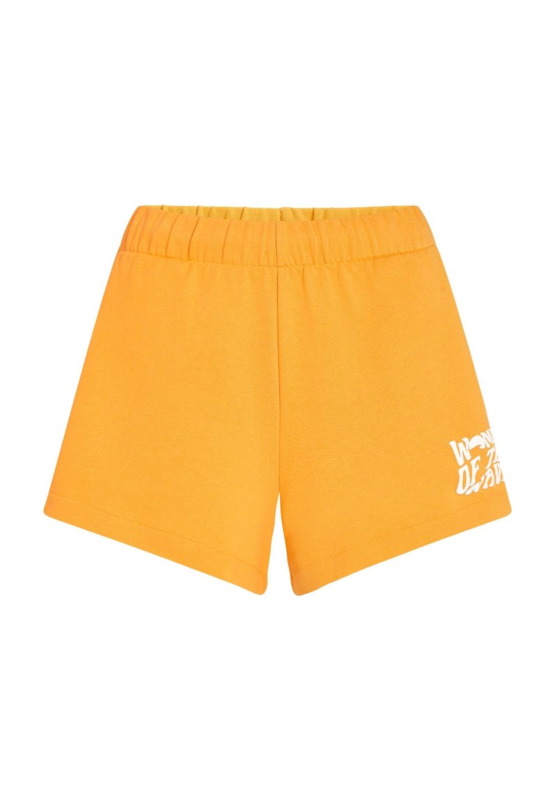 Gelbe Baumwollshorts mit einem elastischen Bund und einem weißen Grafikdruck auf dem linken Bein. Gerader Saum und weiche Textur.