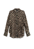 Leopardenmuster-Bluse aus leichtem Stoff, mit Knopfleiste vorne, Kragen, Taillenbindung und langen Ärmeln mit geknöpften Manschetten.