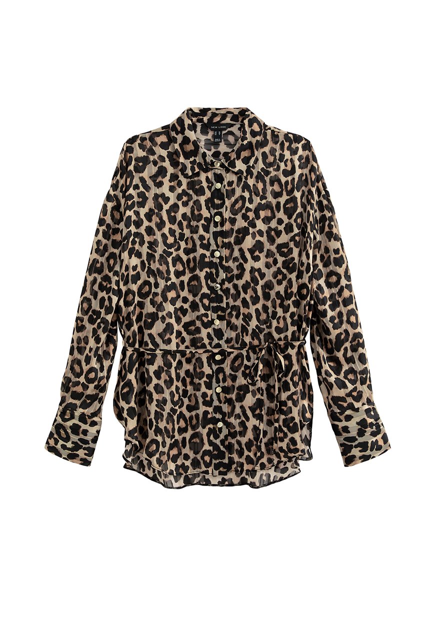 Leopardenmuster-Bluse aus leichtem Stoff, mit Knopfleiste vorne, Kragen, Taillenbindung und langen Ärmeln mit geknöpften Manschetten.